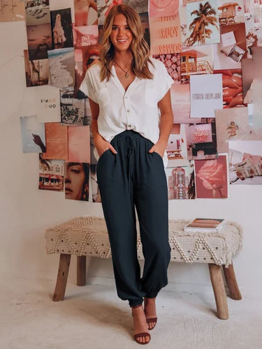 White Blouse & Black Joggers